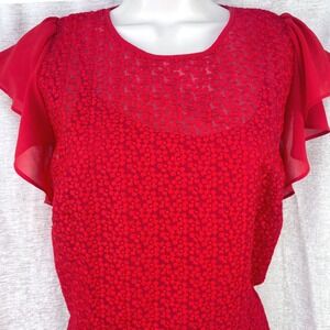 Michael Kors Red Floral Embroidered Shift Dress Flutter Sleeve Womens Sz 10